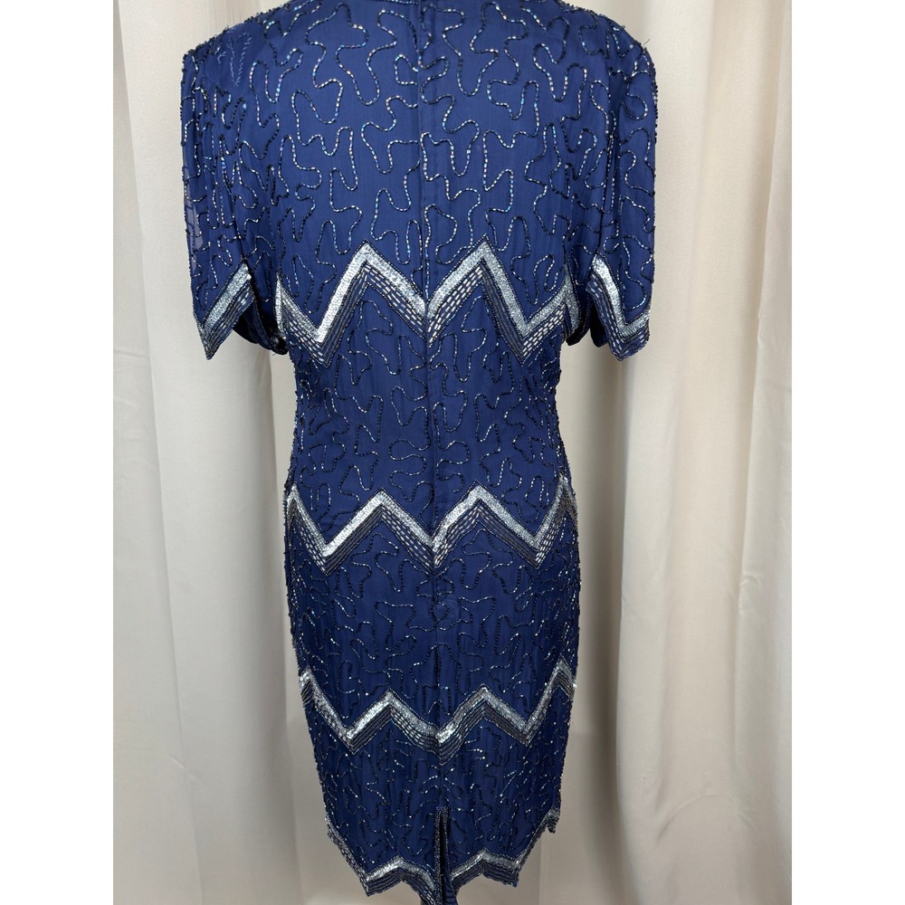 Vintage 80s Laurence Kazar New York Silk Beaded Dress Blue Art Deco Midi PL - Picture 6 of 11